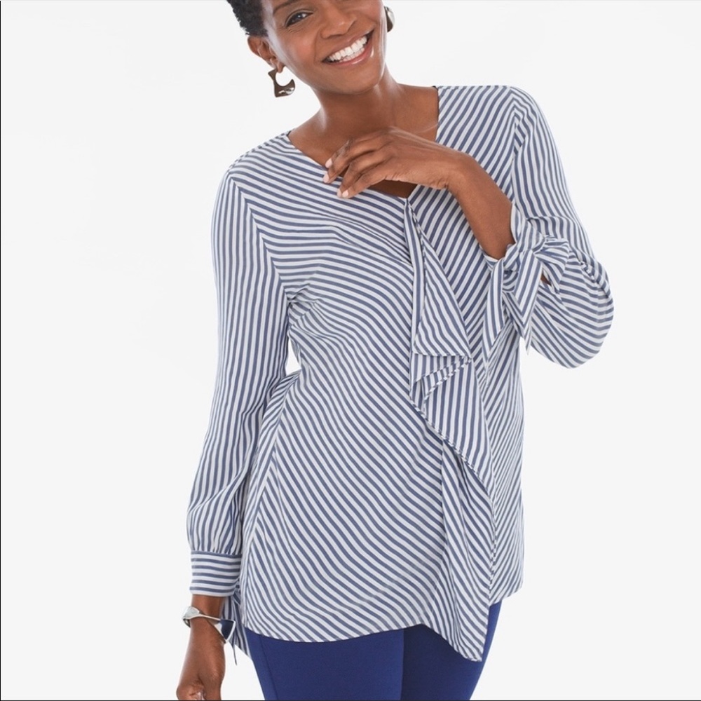 •Chico’s• Navy Striped Long Sleeve V-Neck Ruffle Top - Size Large - Picture 3 of 11